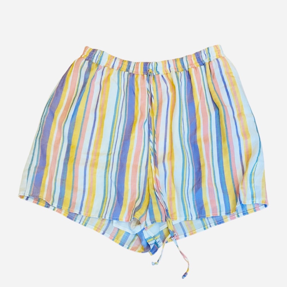 Francesca’s Miami Multicolored Striped Pull on Shorts Lined White Yellow L Pink